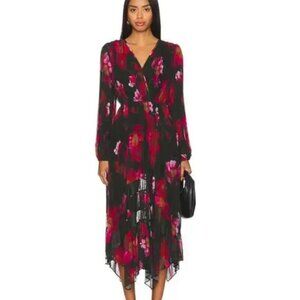 Steve Madden "Ari" Pleated Floral Print Dress: black, red, size SM